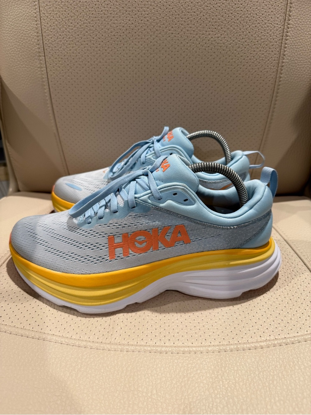 Size 9 - Hoka One Bondi 8 Women's Light Blue and Yellow Athletic Running Shoes - Picture 3 of 7